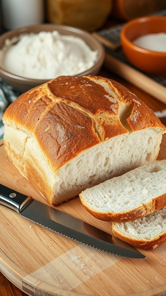 Sourdough Bread Recipe A golden-brown crusty loaf of sourdough bread on a cutting board with slices cut to show the airy interior.